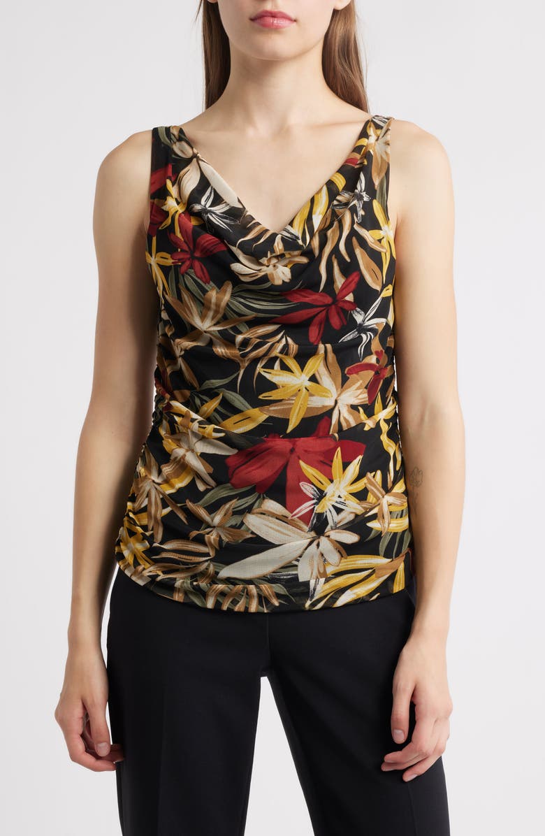 Anne Klein Floral Mesh Cowl Neck Tank, Main, color,
