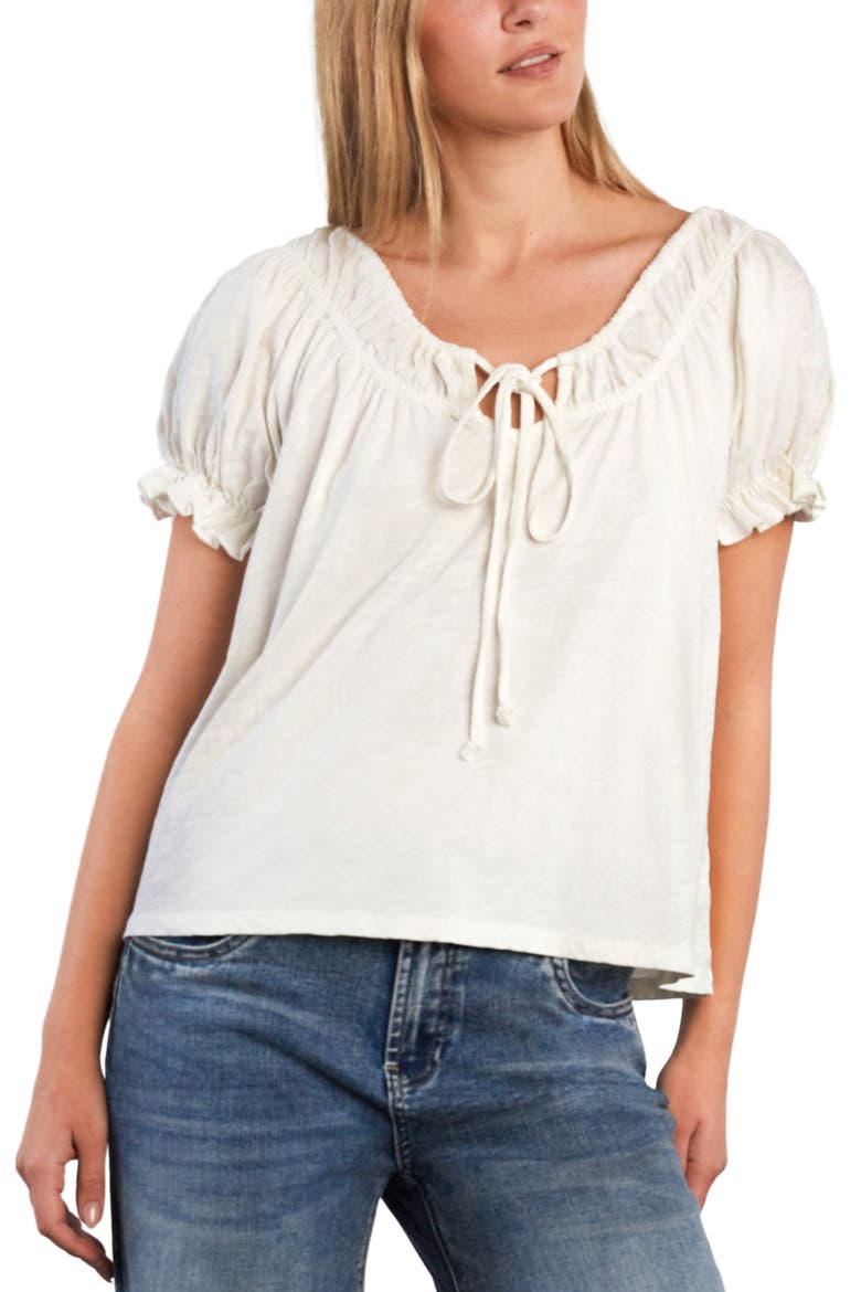 Gathered Cotton Peasant T-Shirt, Main, color, WHITE FLOWER
