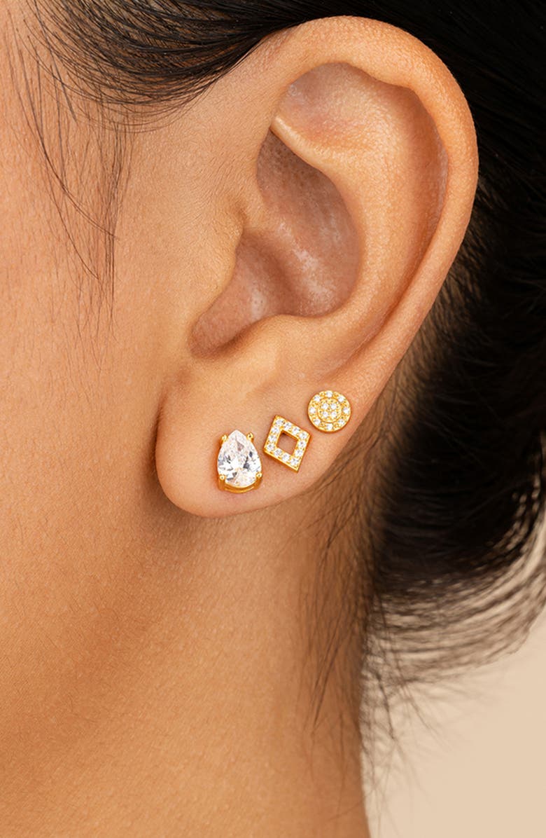 Sterling Forever Set of 3 14K Yellow Gold Vermeil Cubic Zirconia Geometric Stud Earrings, Alternate, color, Gold