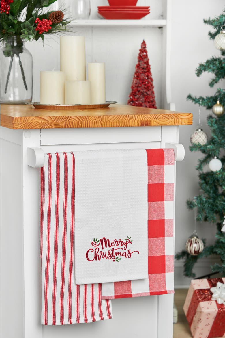 Merry Christmas Holly Leaves Waffle Weave Cotton Kitchen Towel, Alternate, color, White