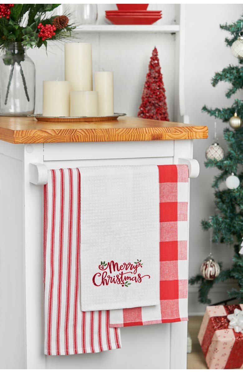 C&F Home Merry Christmas Holly Leaves Waffle Weave Cotton Kitchen Towel, Alternate, color, White