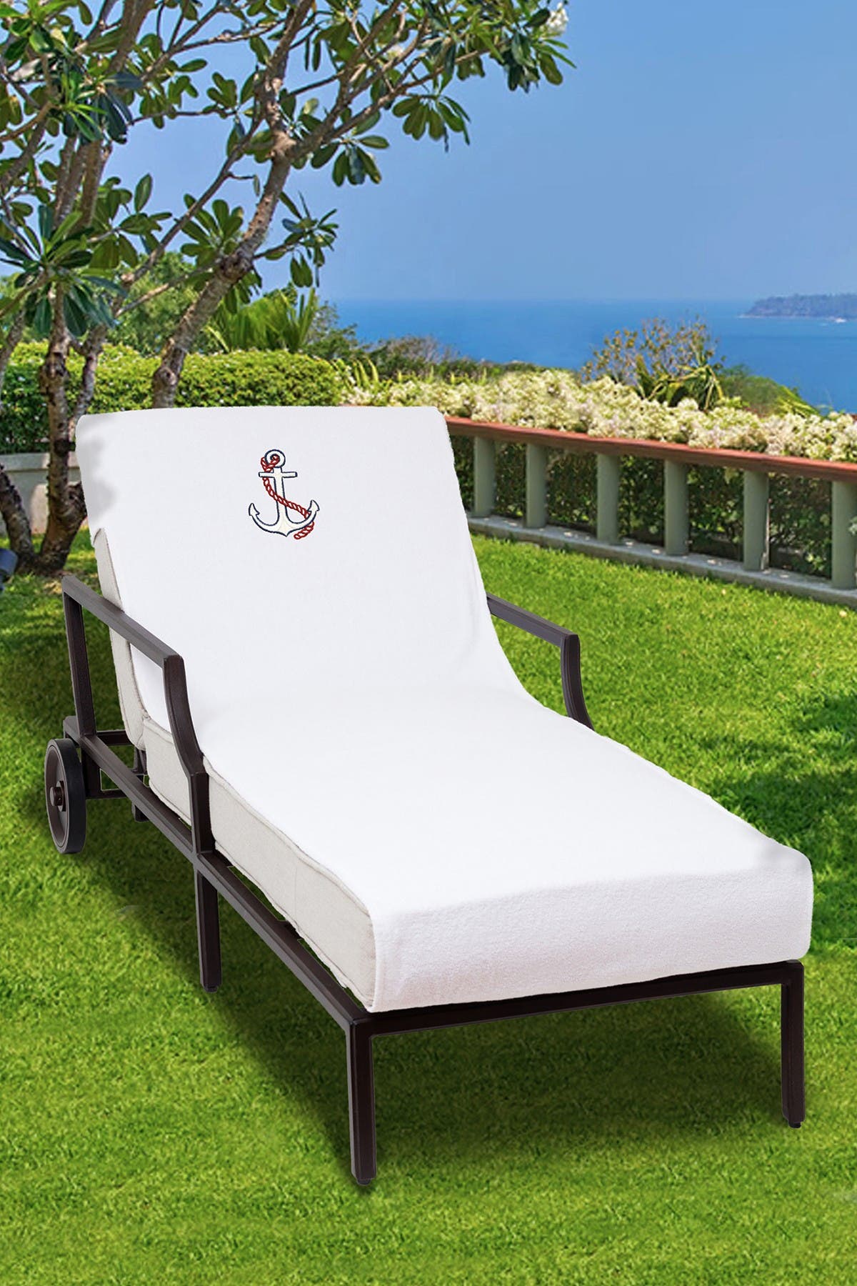 Linum Home Textiles 100% Turkish Cotton Anchor Embroidered Standard Size Chaise Lounge Cover - White