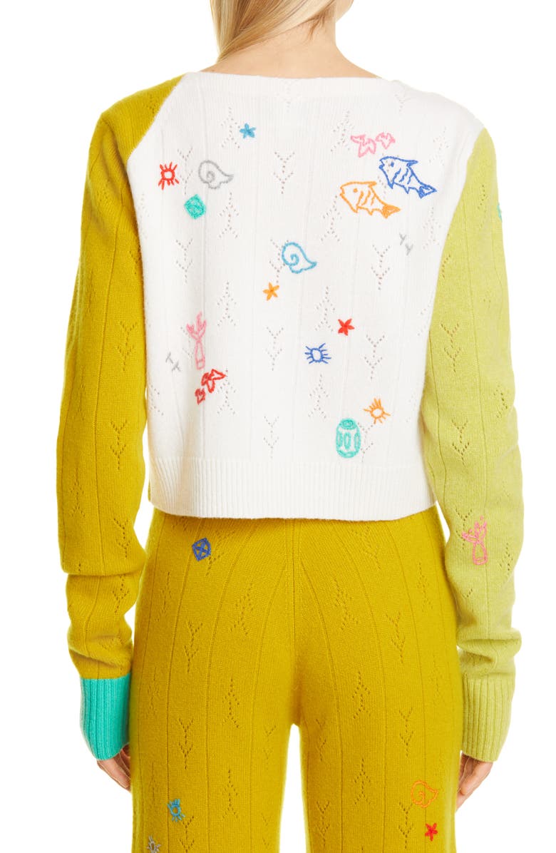 YanYan Curious Embroidered Colorblock Lambswool Cardigan, Alternate, color, 