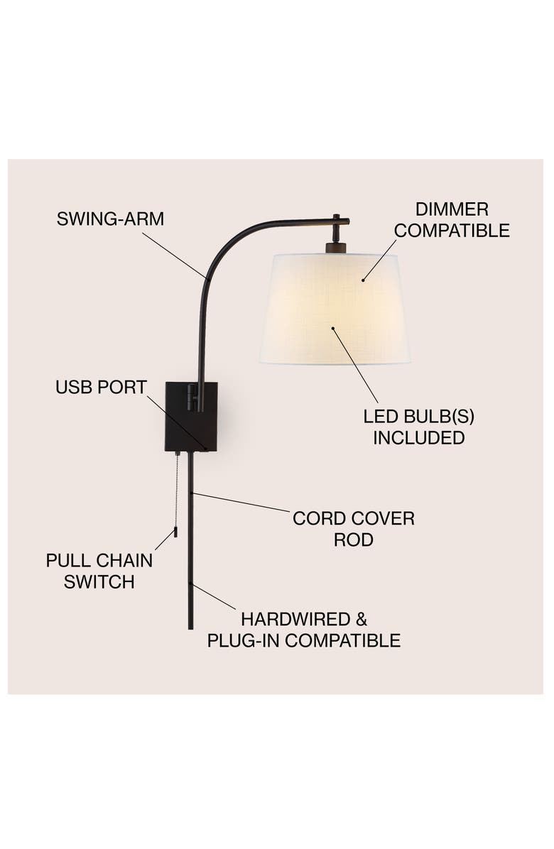JONATHAN Y Gosling 22.5" 1-Light Mid-Century Modern Plug-In or Hardwired Iron LED Gooseneck Swing Arm Wall Sconce with Pull-Chain and USB Charging Port, Oil Rubbed Bronze, Alternate, color, 
