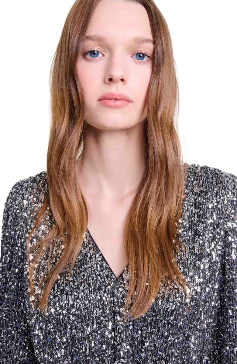 maje Smocked sequin top, Alternate, color, 