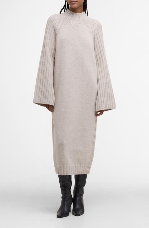 Vera Funnel Neck Long Sleeve Cotton Blend Midi Sweater Dress