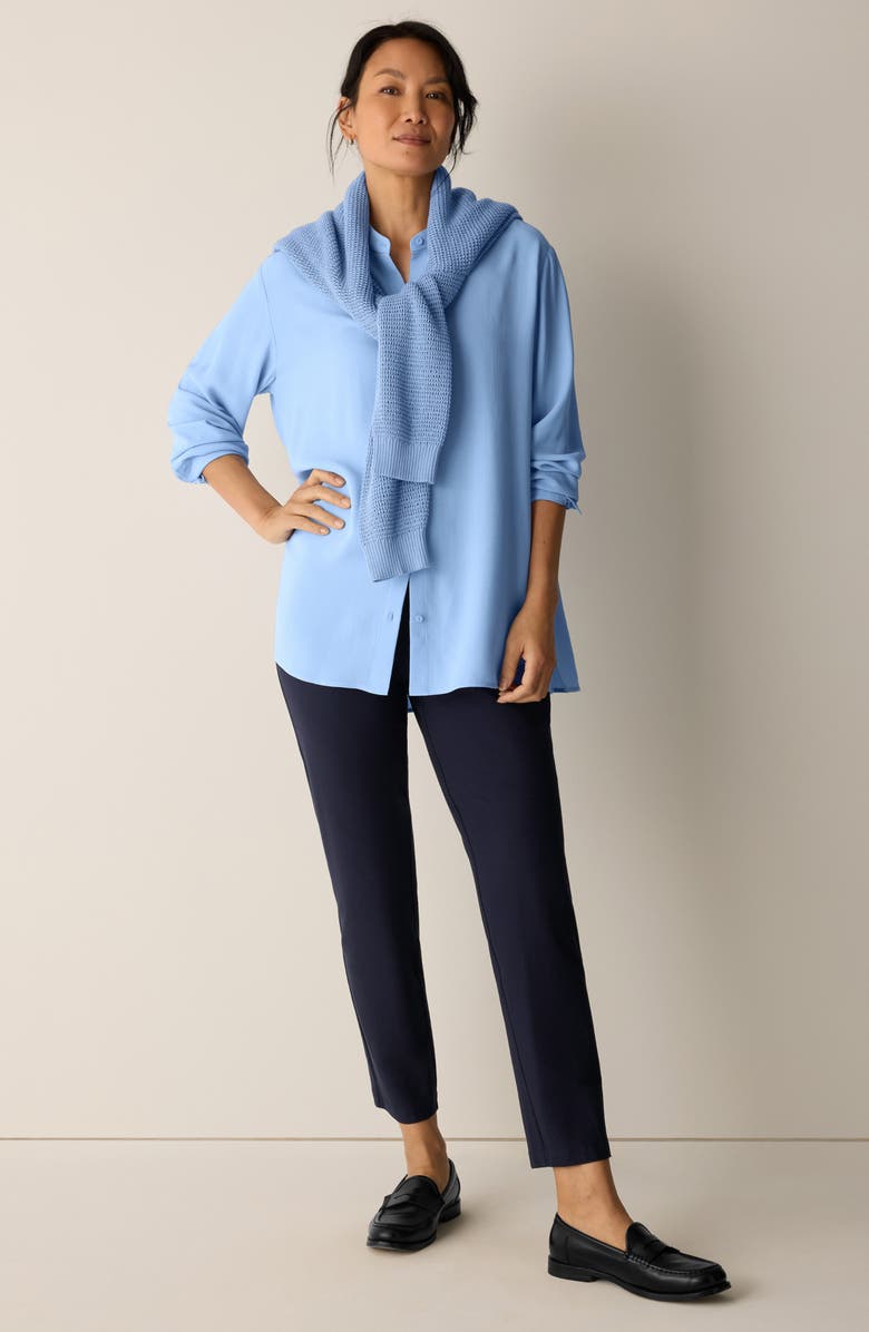 Eileen Fisher Band Collar Silk Button-Up Shirt, Alternate, color, Skylight