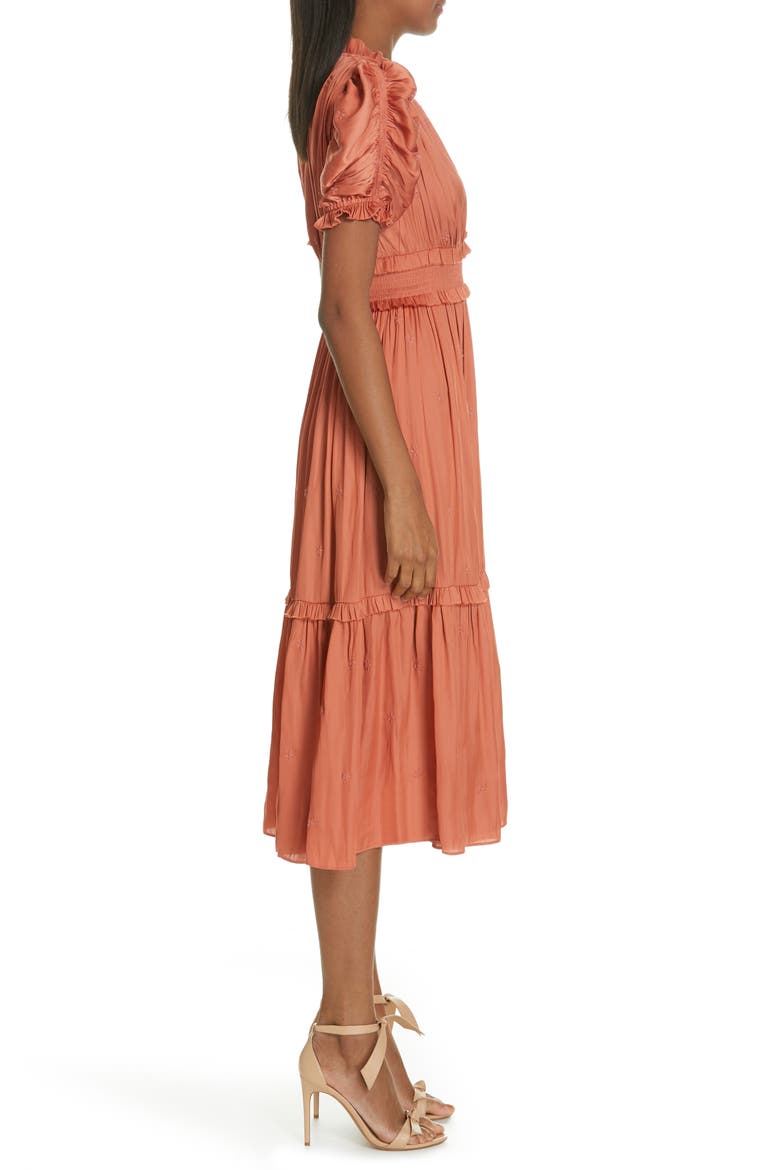 Maya Embroidered Satin Midi Dress, Alternate, color, CORAL