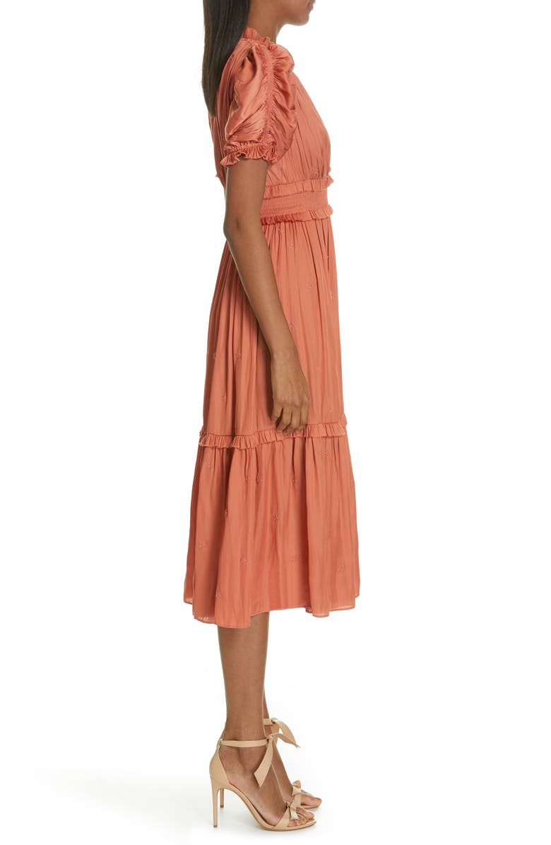 Ulla Johnson Maya Embroidered Satin Midi Dress, Alternate, color,