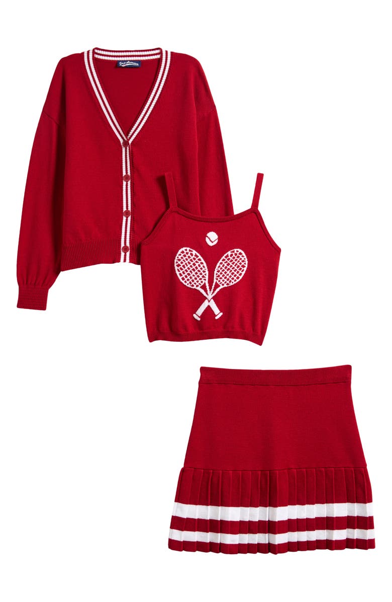 Freshman Kids' Knit Tennis Tank, Cardigan & Skirt Set, Main, color, 