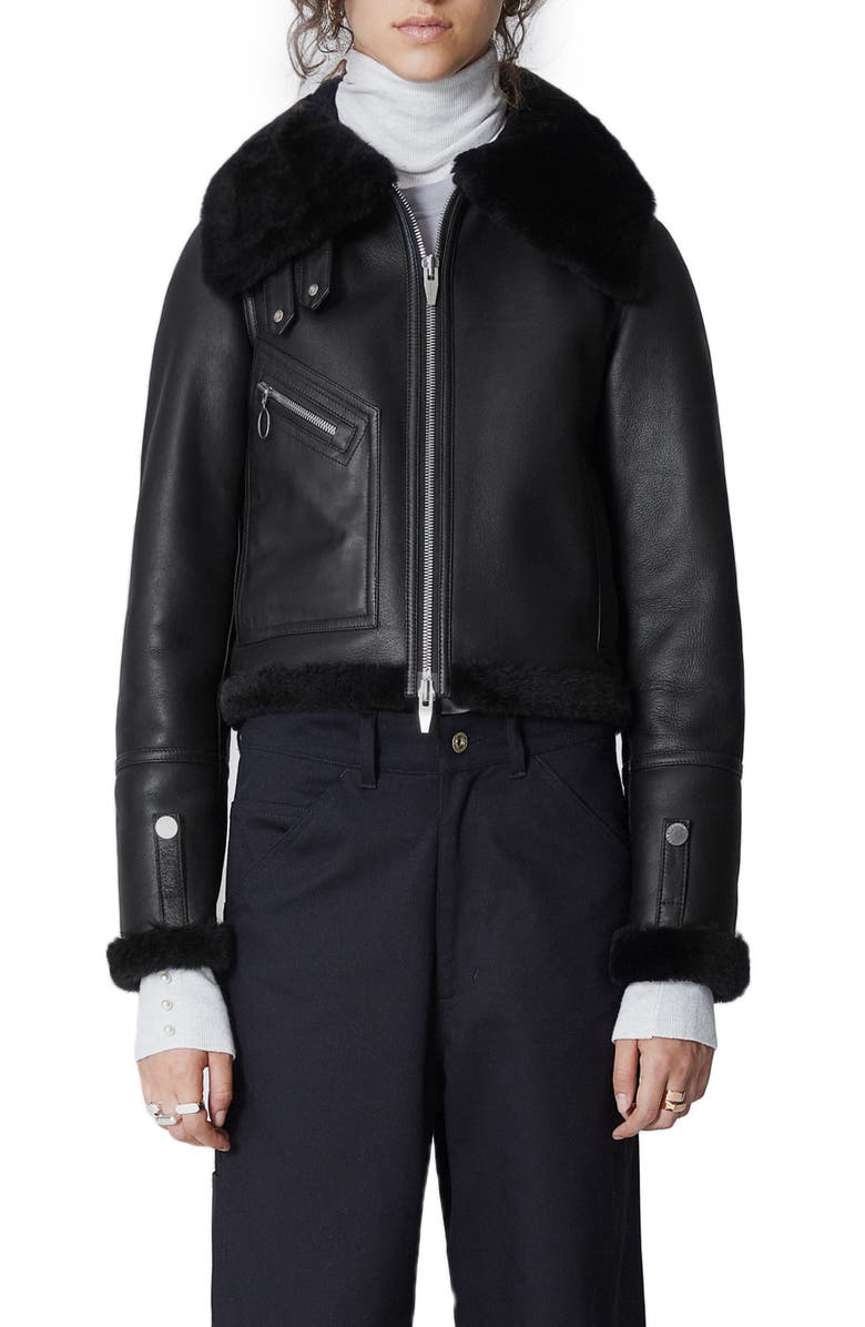 THE ARRIVALS Moya Mini Leather & Genuine Shearling Jacket, Main, color, 
