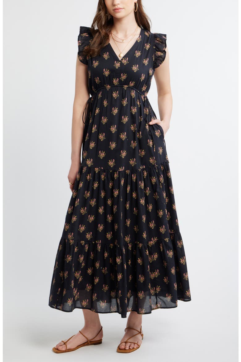 Floral Print Cotton Midi Dress, Main, color, BLACK- PINK BOQUET