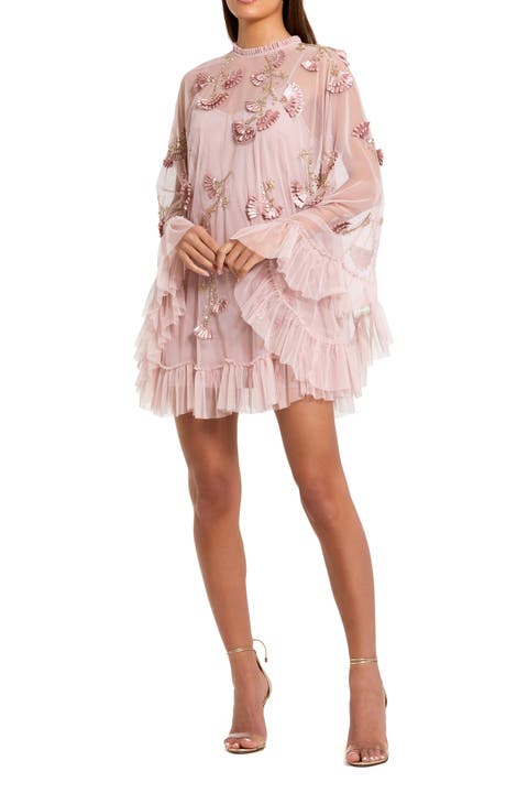 Embellished Long Sleeve Trapeze Dress with Ruffle Hem