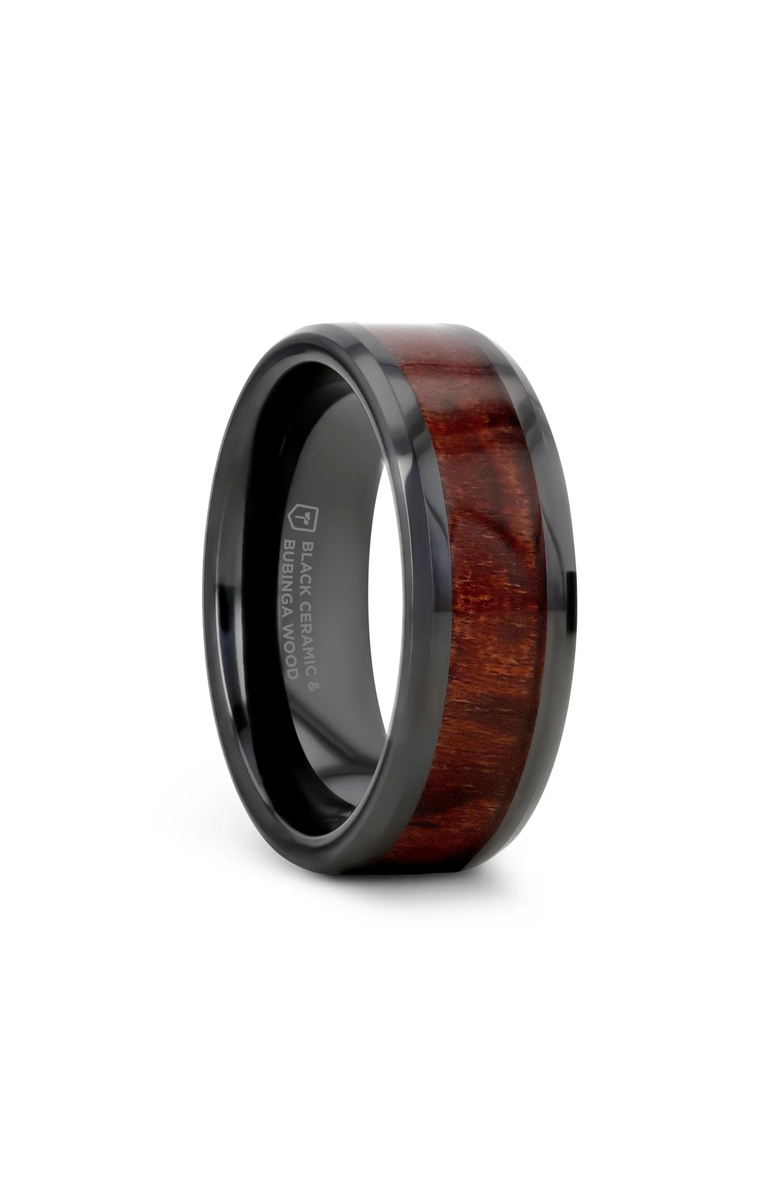Larson Jewelers Benny Ceramic Beveled Wedding Band, Main, color, Black / Bubinga Wood