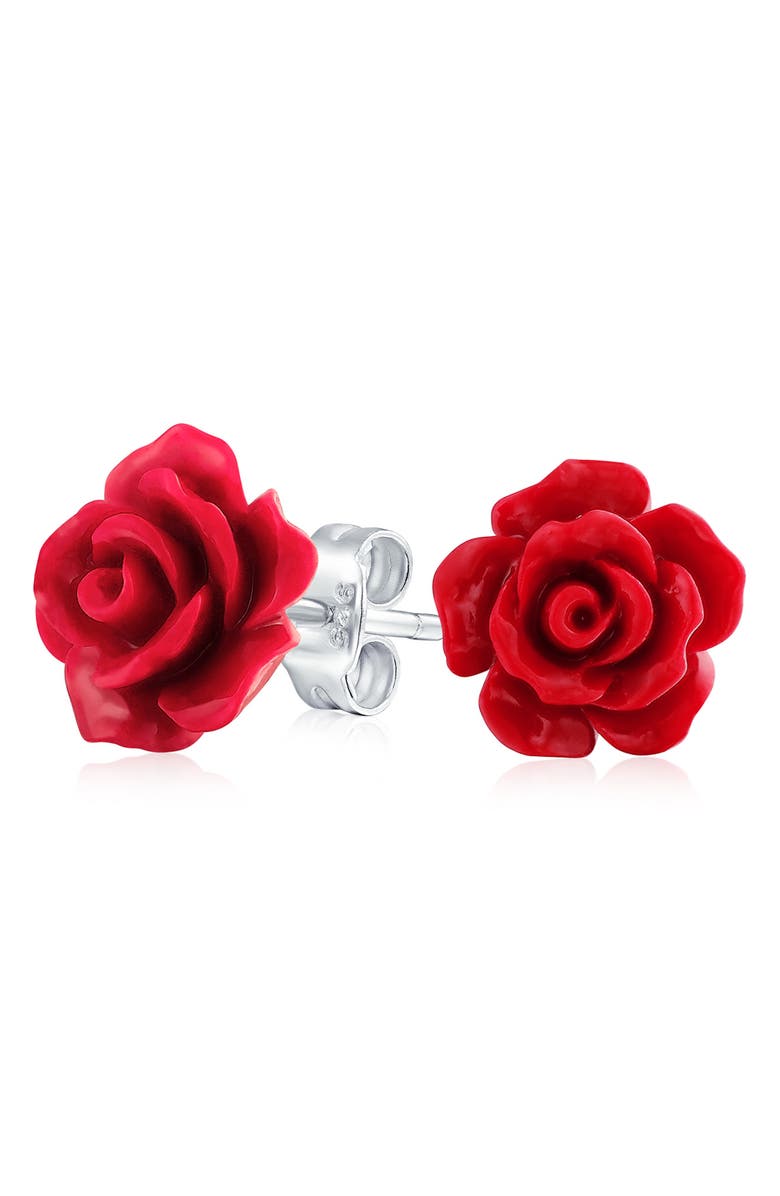 BLING JEWELRY 3D Floral Delicate Stud Earrings, Alternate, color, Red
