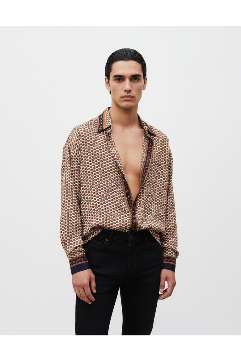 Embossed Botanical Long Sleeve Crepe Shirt, Alternate, color, Copper blue