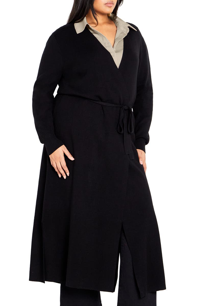 City Chic Goldie Tie Waist Cardigan, Alternate, color, Black