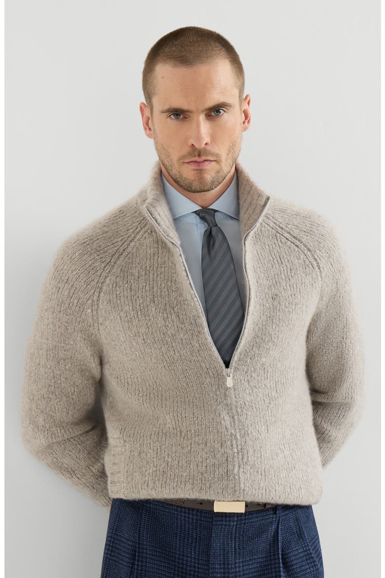 Cashmere and silk high-neck cardigan with zipper, Alternate, color, White