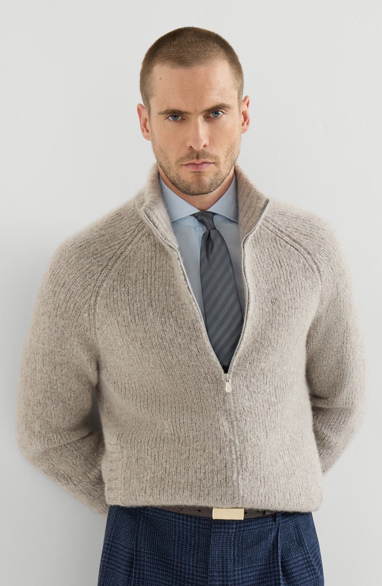 Brunello Cucinelli Cashmere and silk high-neck cardigan with zipper, Alternate, color, White