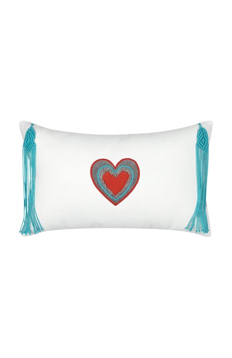 Wild Heart Hand Appliqued & Embroidered Tassel Indoor & Outdoor Woven Accent Pillow