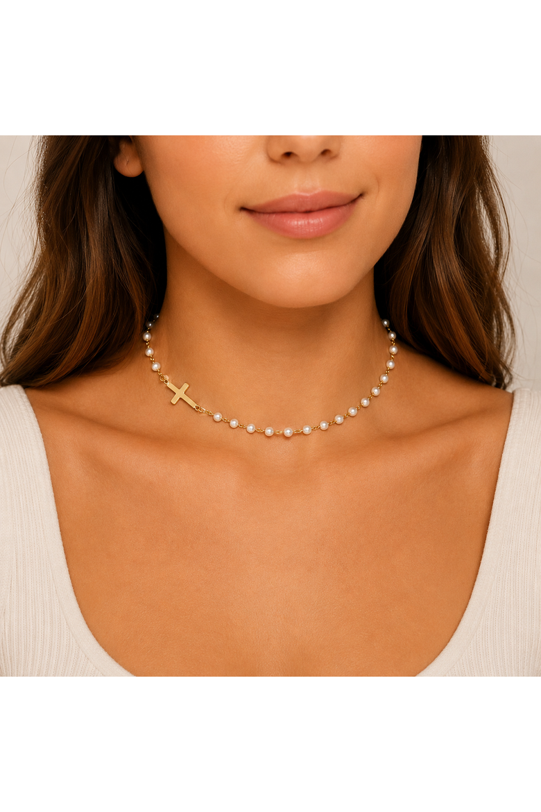 Gold Tone Cross Beaded Station Necklace, Alternate, color, Gold