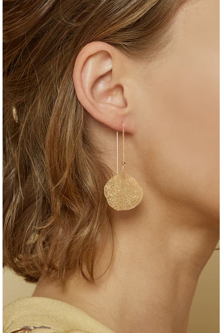 Sienna Textured Leaf Disc Threader Earrings Sculptural Trendy, Alternate, color, Gold
