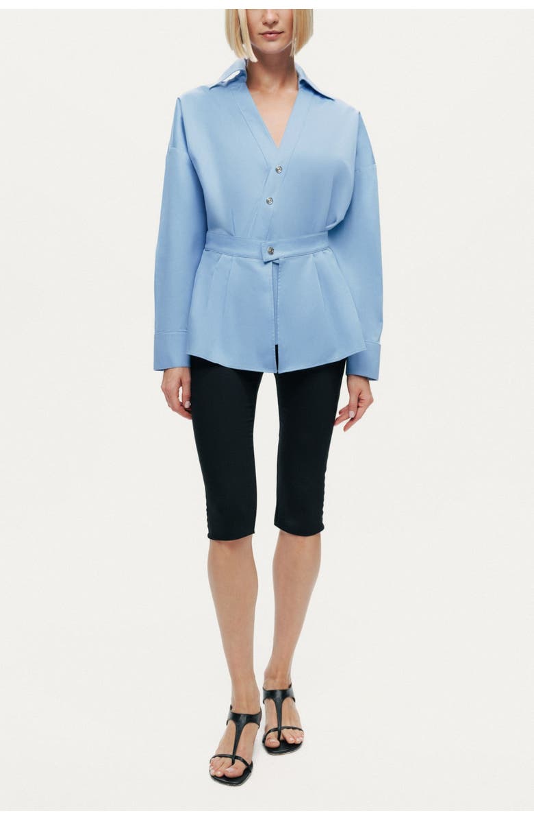 Nocturne Belted V-Neck Poplin Shirt, Main, color, Blue