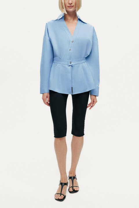 Belted V-Neck Poplin Shirt