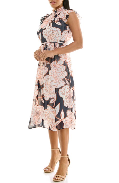 Nina Leonard Smock Chiffon Midi Dress In Navy Orange Ivory