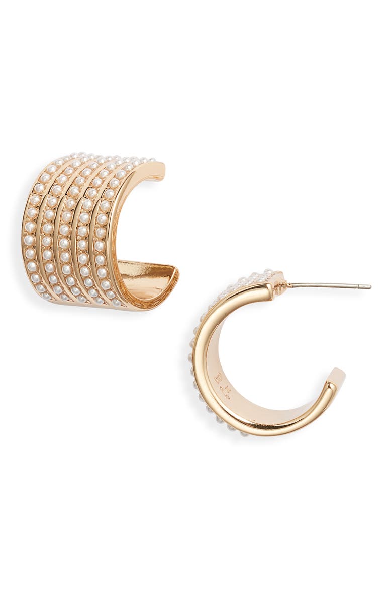 Faux Pearl Dot Huggie Hoop Earrings, Main, color, GOLD