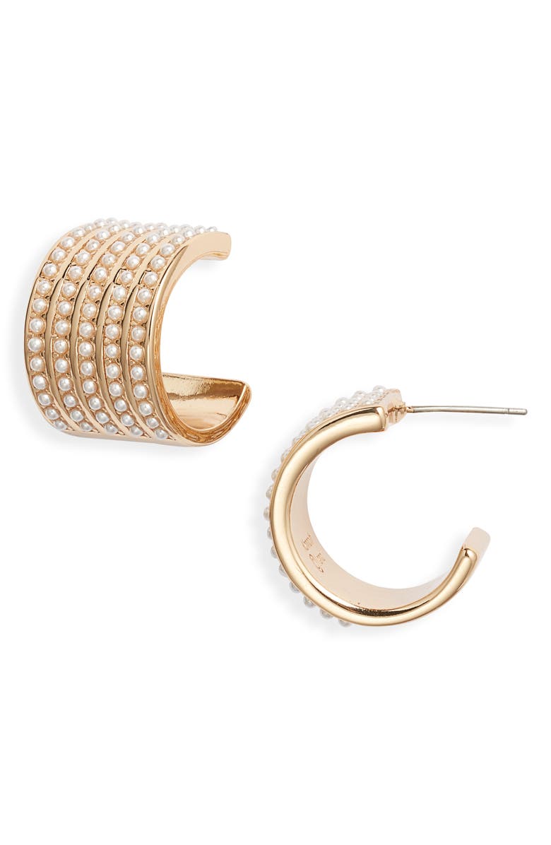 Kenneth Jay Lane Faux Pearl Dot Huggie Hoop Earrings, Main, color, Gold