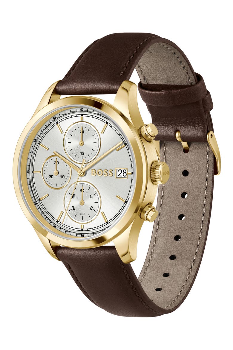 Stratus Chronograph Leather Strap Watch, 41mm, Alternate, color, SILVER