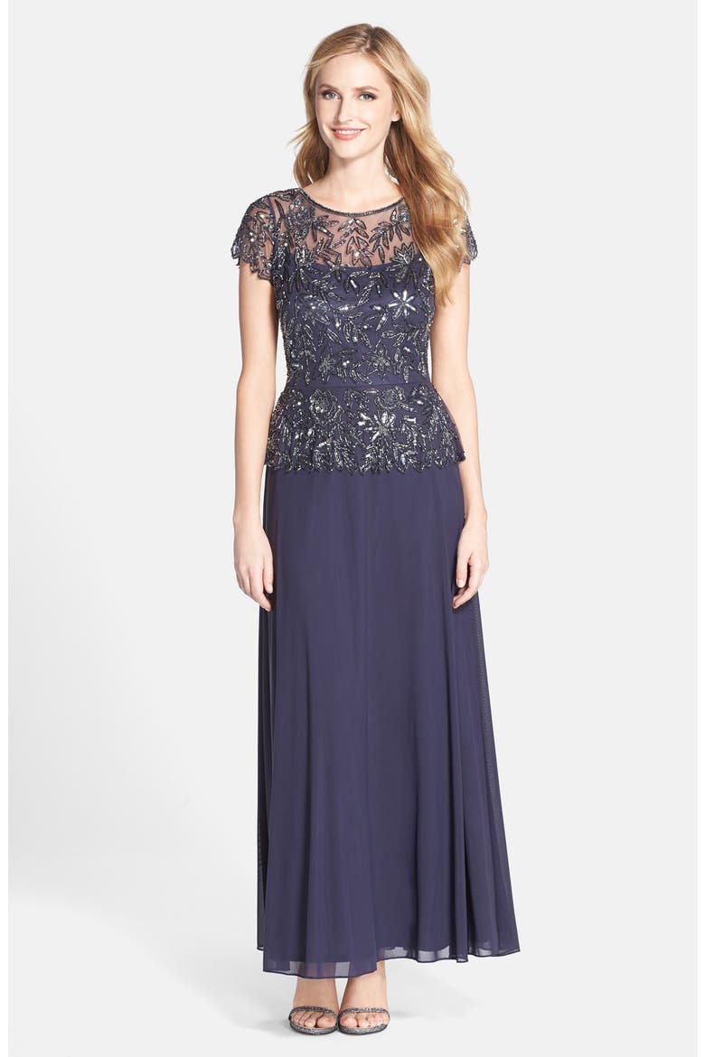 Beaded Mesh Mock Two-Piece Gown, Main, color, SLATE