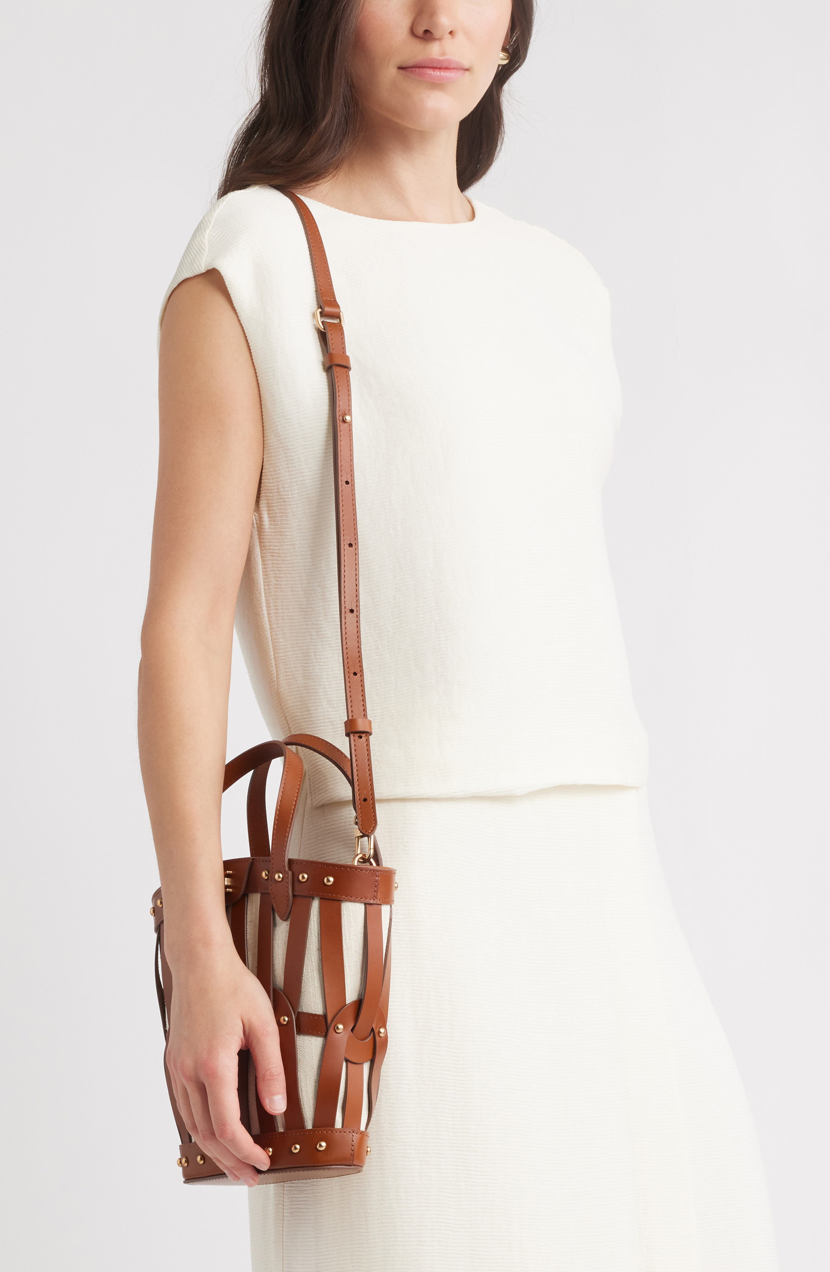 Sam Edelman Small Bay Caged Handbag, Alternate, color, Cognac