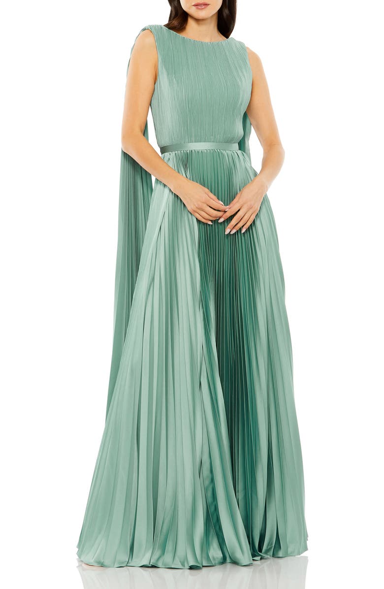Mac Duggal Sleeveless High Neck Cape Back Heat Pleated Gown, Main, color, Sage