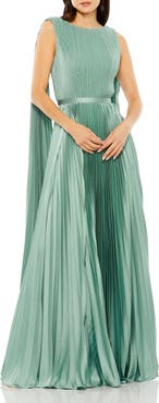 Mac Duggal Sleeveless High Neck Cape Back Heat Pleated Gown