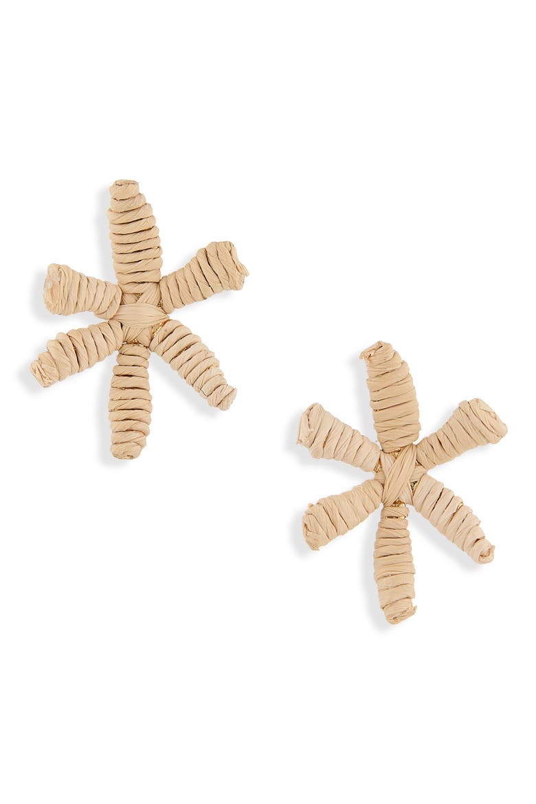 Raffia Floral Stud Earrings, Main, color, NATURAL