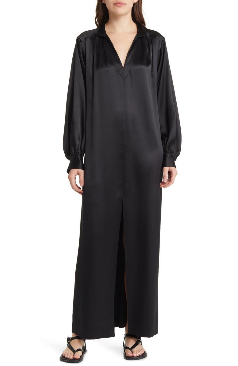 FRAME Long Sleeve Silk Caftan Maxi Dress, Main, color,