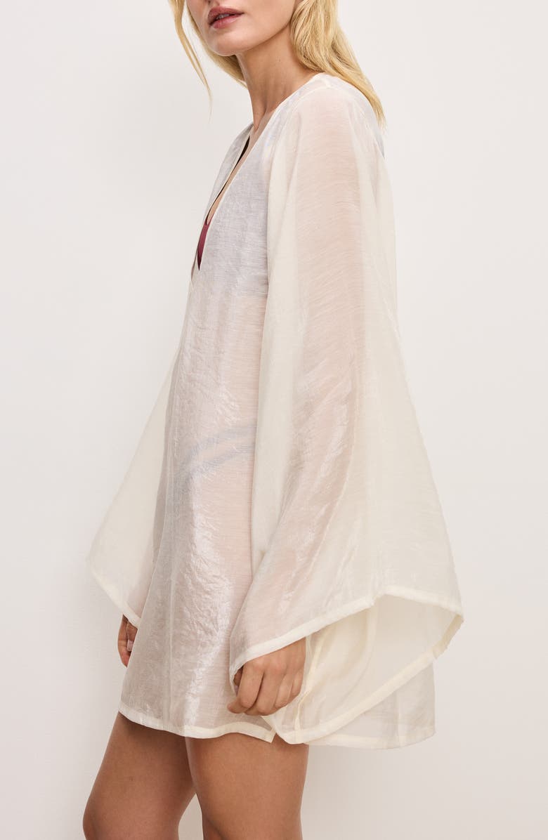 Good American Plunge Long Sleeve Sheer Cover-Up Tunic, Alternate, color, Cloud White001