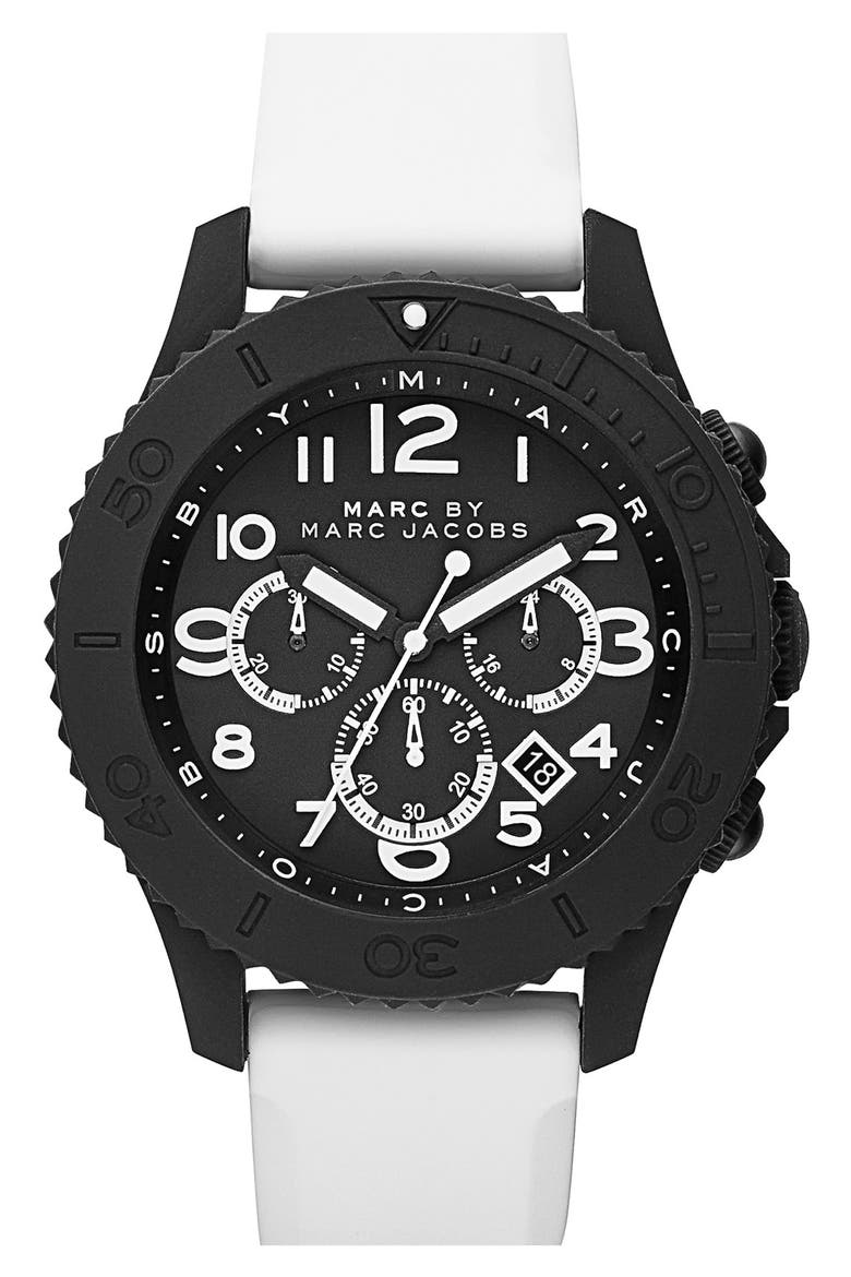 'Rock' Chronograph Silicone Strap Watch, 46mm, Main, color, WHITE/ BLACK