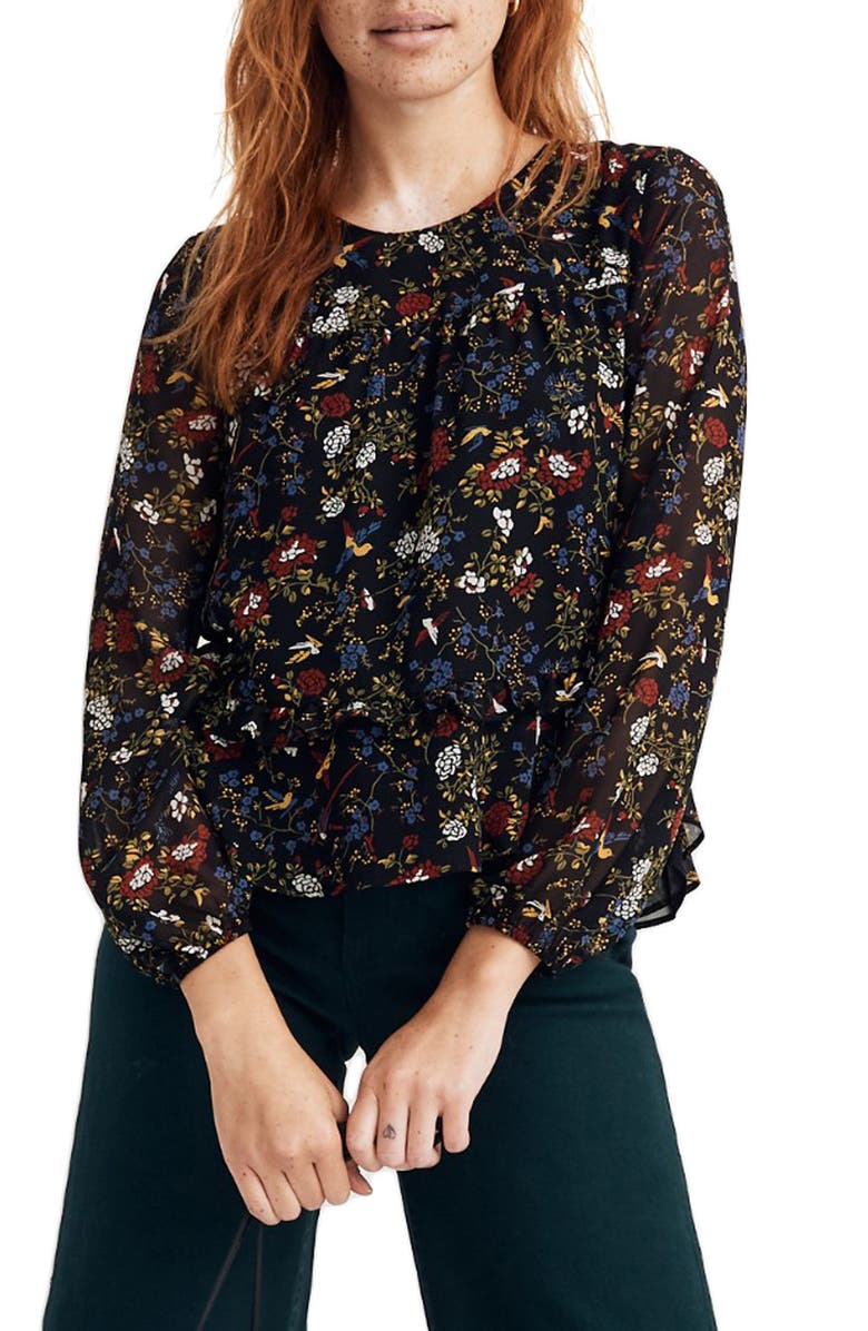 Madewell Finch Floral Sheer Sleeve Ruffle Peplum Top, Main, color, 