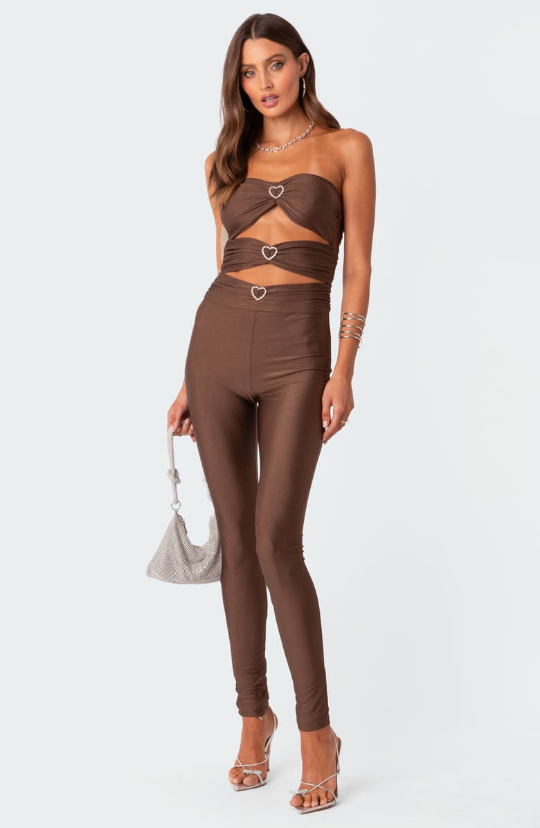 EDIKTED Rhinestone Heart Cutout Strapless Jumpsuit, Alternate, color, Brown