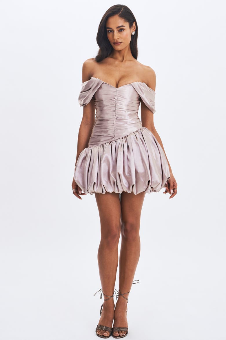 Milena Ruched Asymmetrical Bubble Mini Dress, Main, color, Champagne