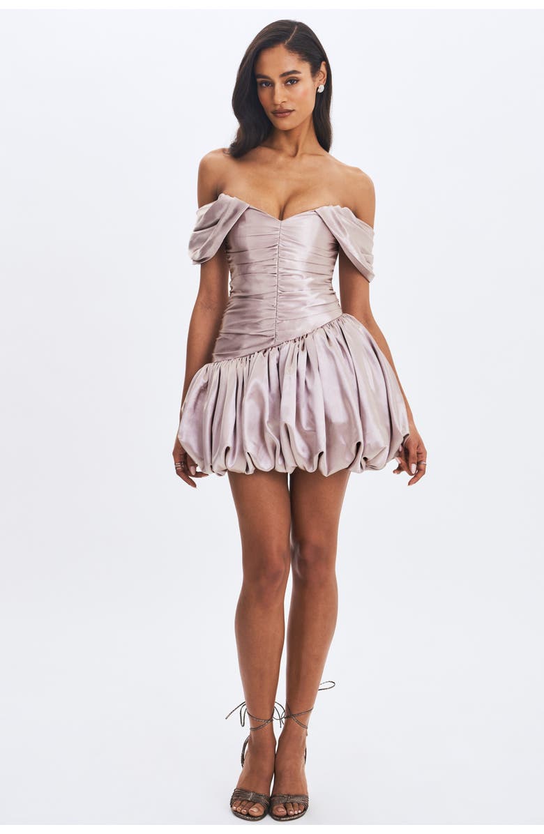 Miss Circle Milena Ruched Asymmetrical Bubble Mini Dress, Main, color, Champagne