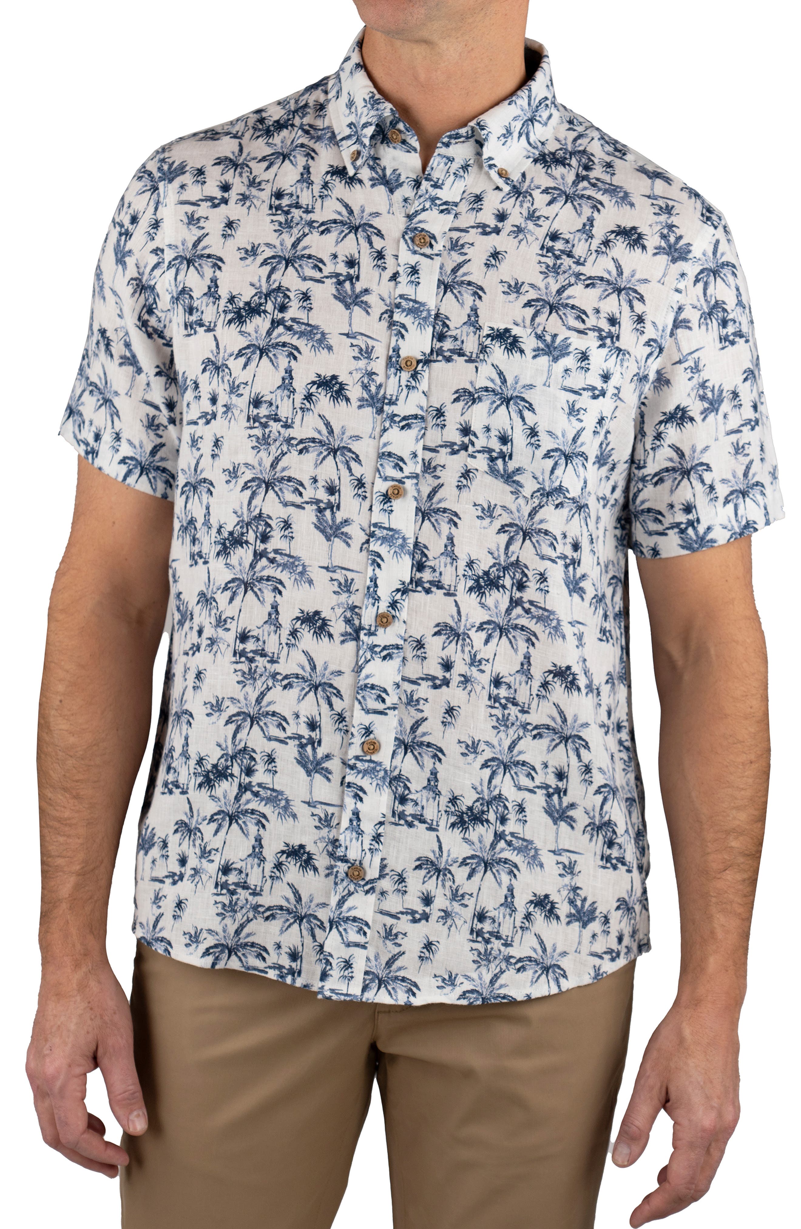 Tailor Vintage Palm Tree Print Short Sleeve Linen Button-Down Shirt