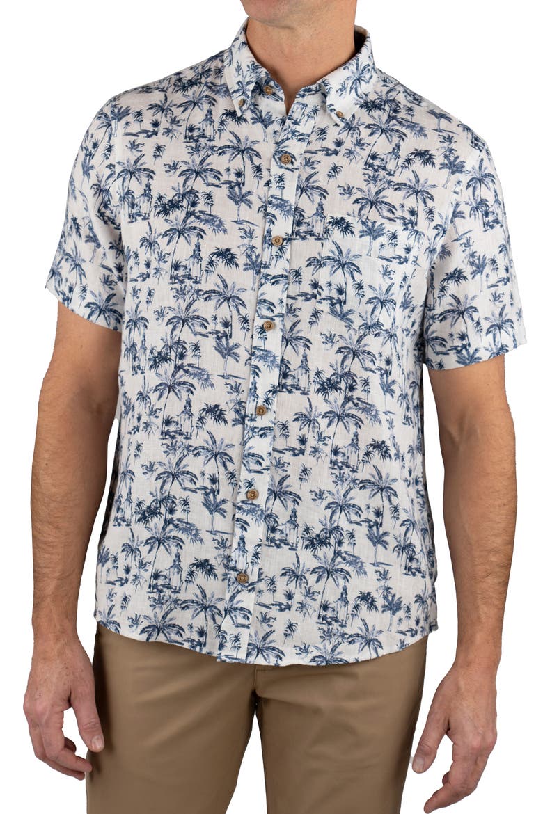 Palm Tree Print Short Sleeve Linen Button-Down Shirt, Main, color, INDIGO GAZEBO