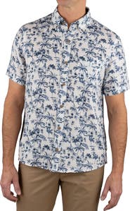Tailor Vintage Palm Tree Print Short Sleeve Linen Button-Down Shirt