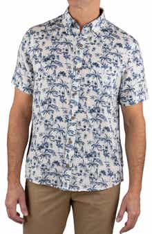 Tailor Vintage Palm Tree Print Short Sleeve Linen Button-Down Shirt