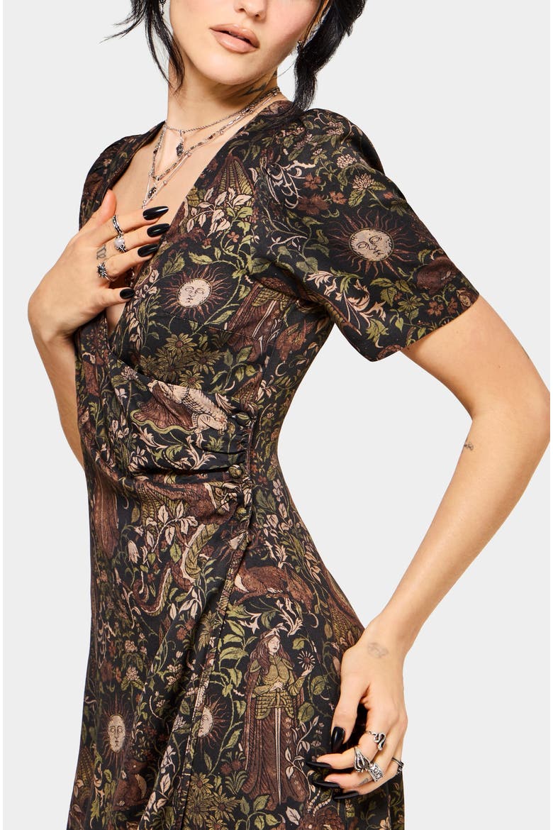 Haunt Medieval Print Wrap Midi Dress, Alternate, color, Brown