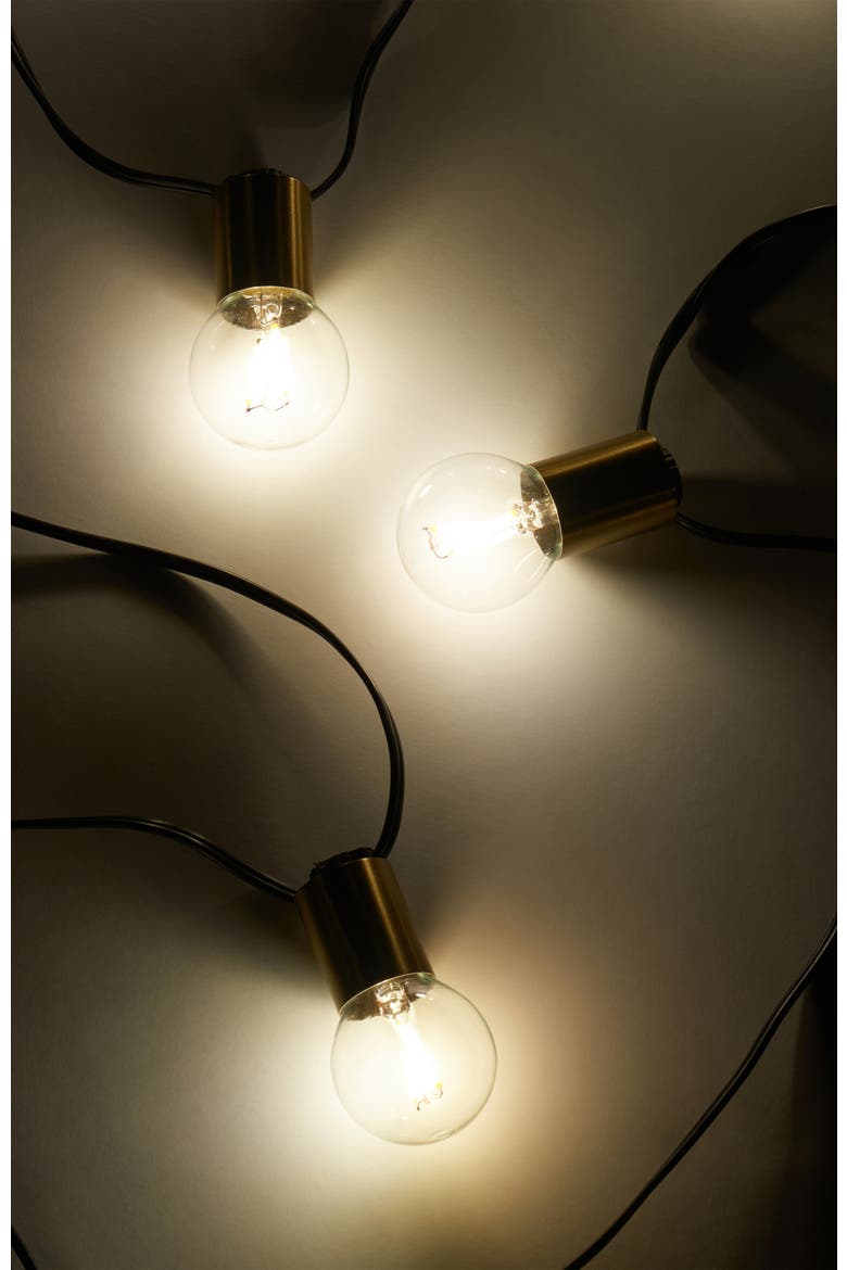 27 ft, 12 Light Plug In Heavy Duty Weatherproof LED Outdoor String Lights, Gold Accent Brass Socket and Round Bulbs, Alternate, color, 27 ft 12 Bulbs | Soft White